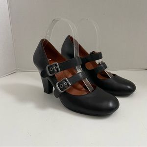 Gentle Souls Heels Double Stella Mary Jane Leather Buckles Grommets Black Silver